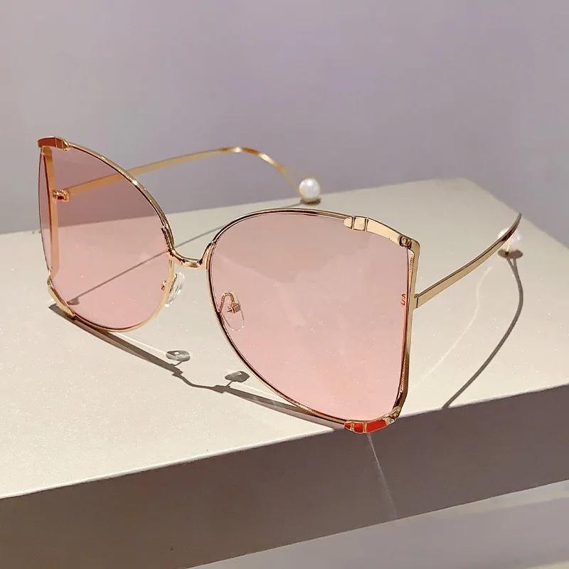 Oversized Metal Sunglasses Women For Female Luxury Brand Designer Elegant Pink Sun Glasses Vintage Big Frame Pearl Shades Uv400