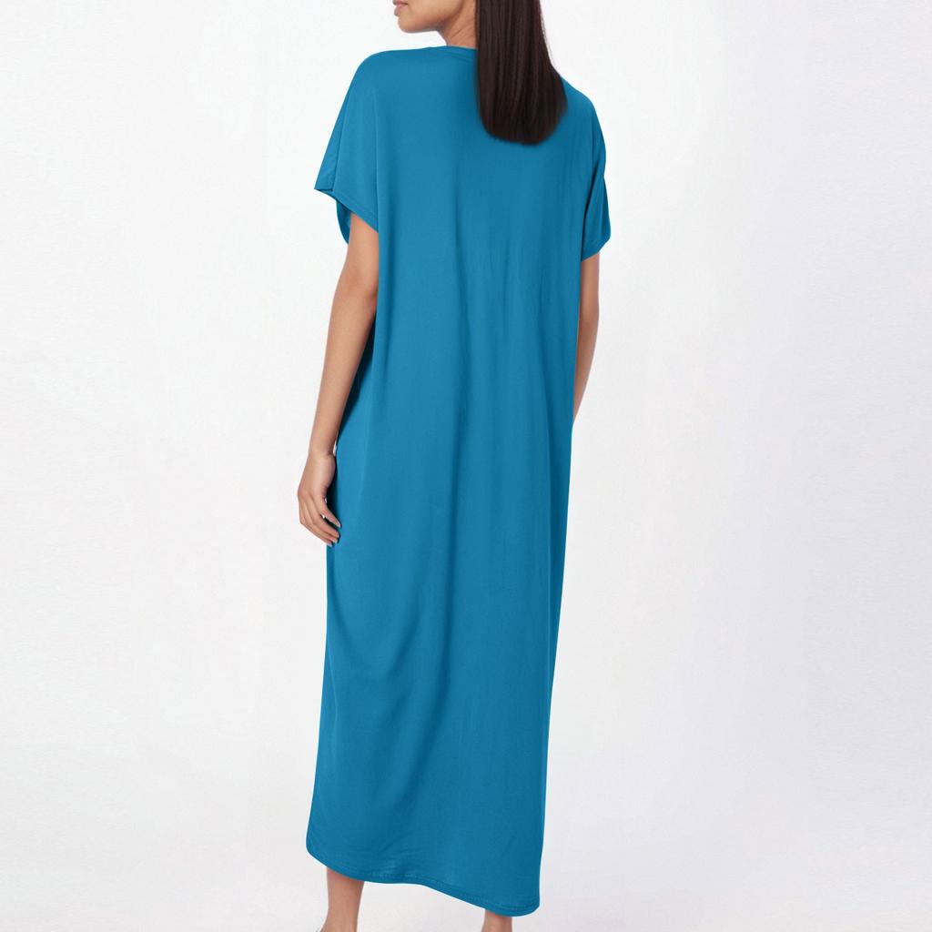 Robe Longue Maxi Décontractée Mode Femme Manches Courtes Cravate Poche Couleur