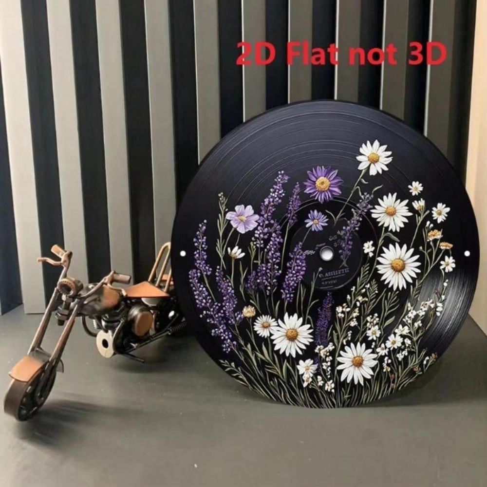 Vintage Floral Record Metal Wall Art 8x8 Inch Round Aluminum Sign Black