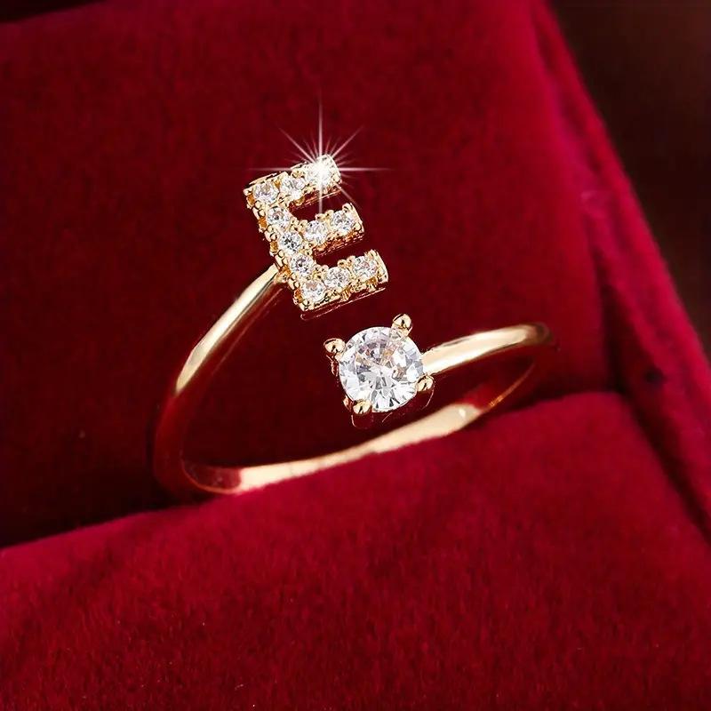 26 English Letter Micro-set Zircon Fashion Women's Ring, Copper-plated 14K Open Plain Ring