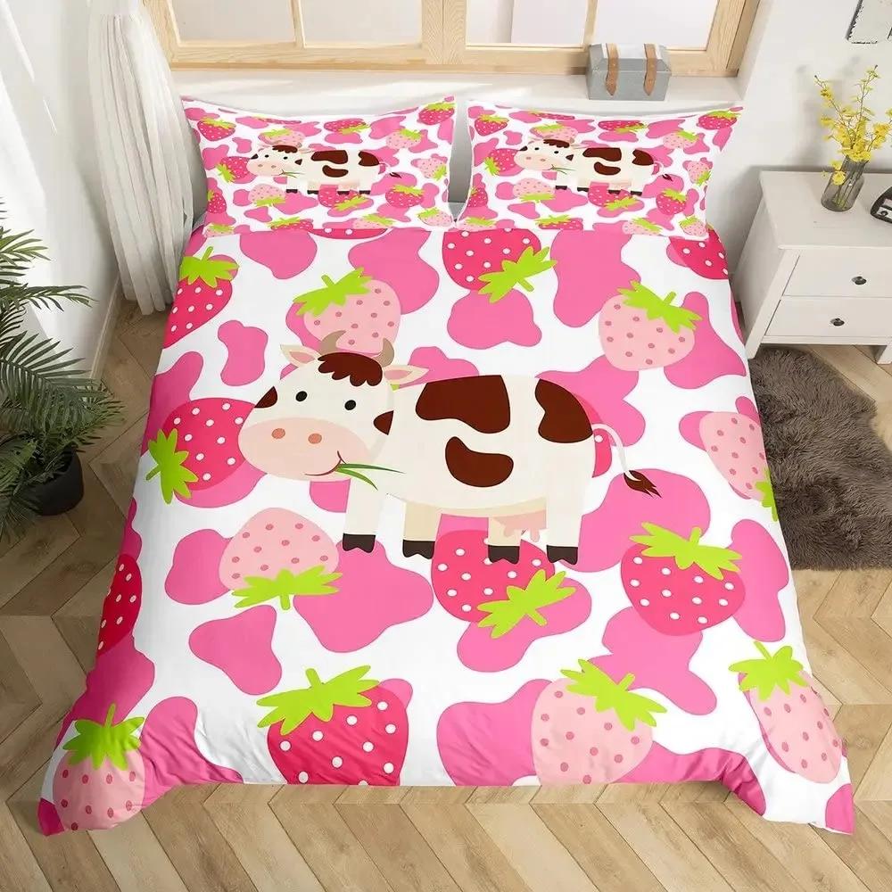 Milk Cow Duvet Cover Set Pink White Cow Strawberry Pattern Comforter Cover Bedding Set for Girls Kawaii Milk Cow Qulit Cover Set