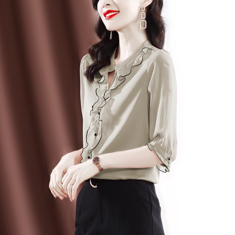 Woman Half Sleeve V Neck Chiffon Blouses Top Urban Office Lady Fashion Pullovers Blouse Women's Vintage Elegant Black Shirt 2022