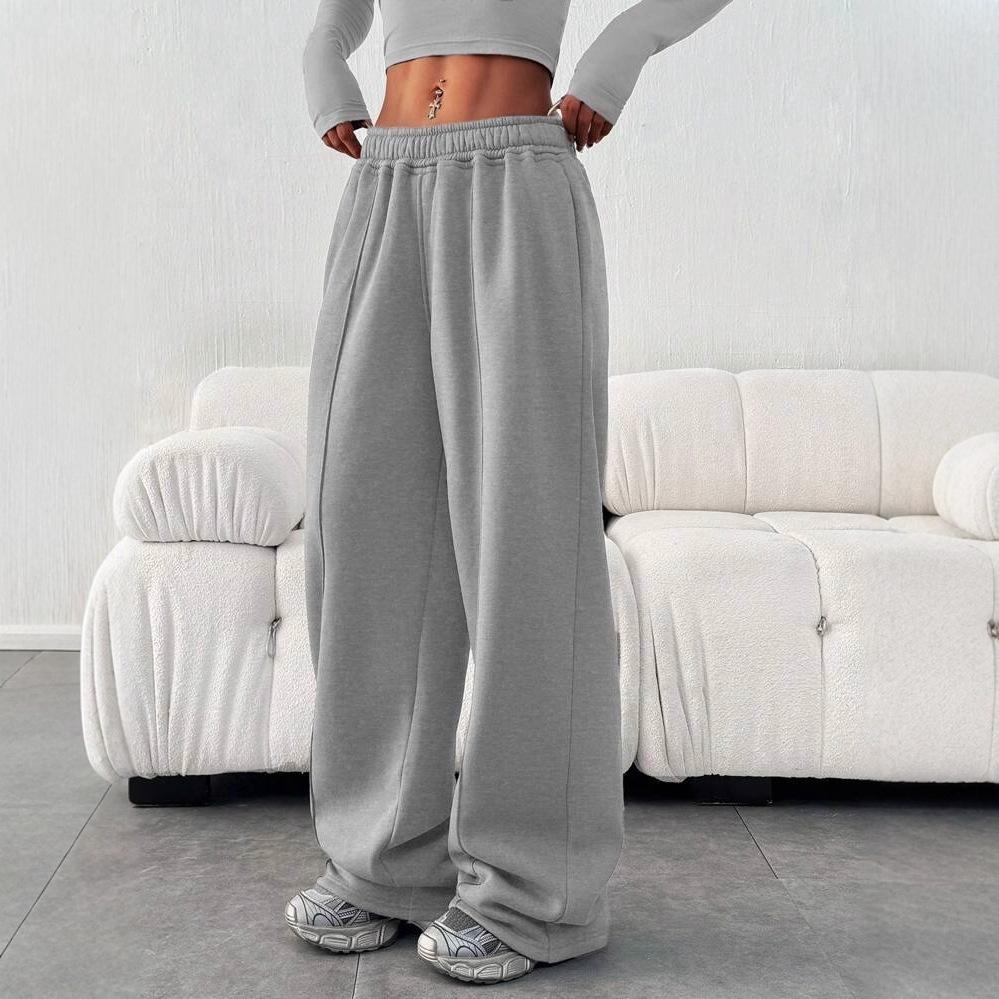 Plus Size Women's Loose Solid Gray Elastic Waist Sweatpants with Pockets Casual Straight Leg Pants