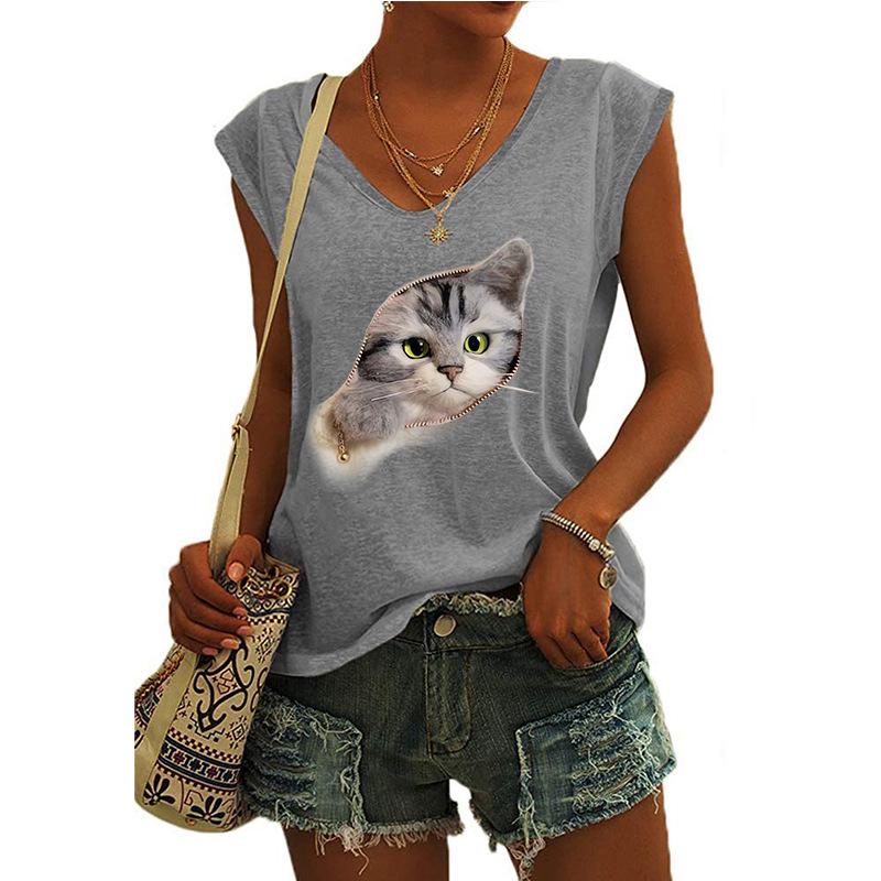2023 Trendy Women's V-neck Print Cap Sleeve Loose T-shirt Top
