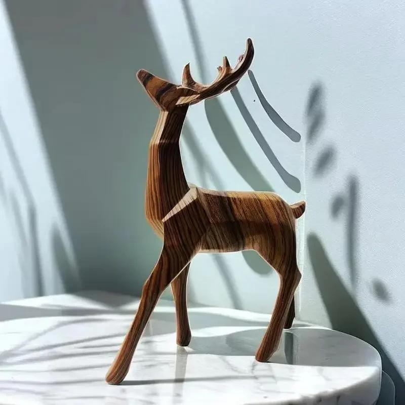Hand Simulation Reindeer Tabletop Statue Resin Standing Geometric Reindeer Statue Wood Grain Geometric Reindeer Decoration