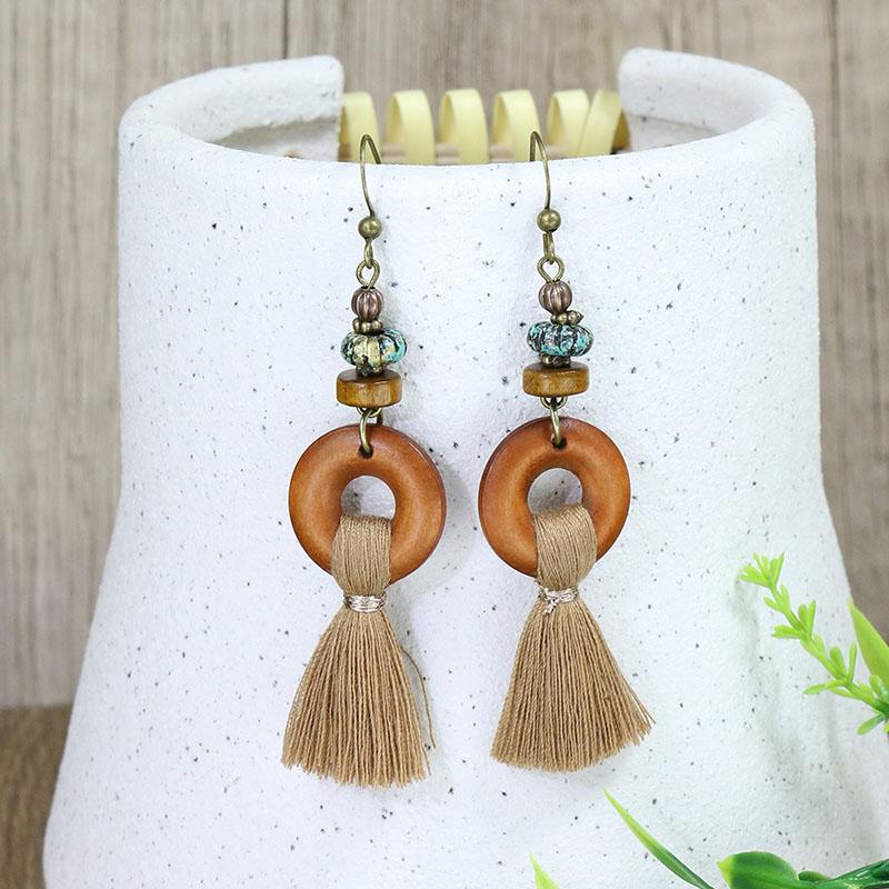 Ethnic Bohemian Tassel Fringe Long Dangle Earring For Women Wooden Beaded Geometric Handmade Drop Earrings Zircon Pendientes