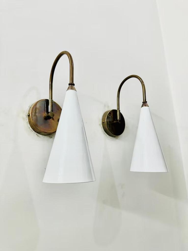 Brass Wall Sconce: Mid Century White Cone Lamp, Adjustable Diabolo Light