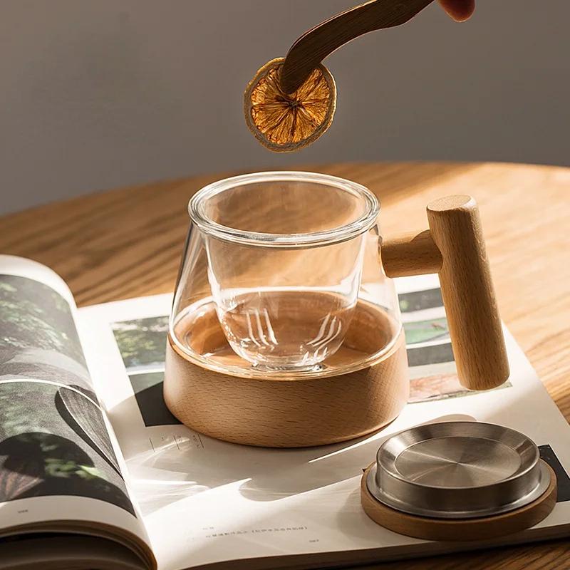 BEPAN Japanese Style Filter Tea Cup Tea Water Separation Thickened Heat-resistant Glass Office Creative Wooden Handle Magnetic Cup