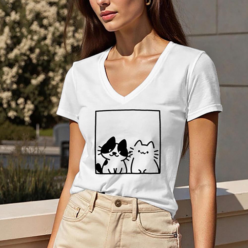 

Summer women s regular fit V-neck short-sleeved T-shirt, regular length, women s top with two cat prints. S
