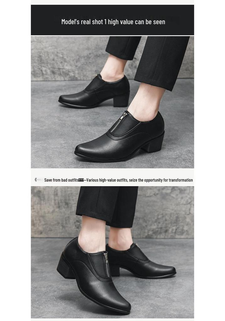 Men's Trendy High-Heeled Leather Shoes for Weddings and Banquets - Size 37, Zipper, Hairdresser Style