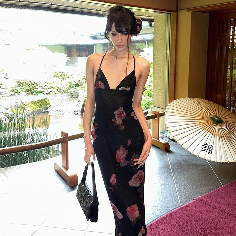 

Summer New Women s Sexy V-neck Backless Personalized Fashion Printing Neck Tie Dresses L чорний