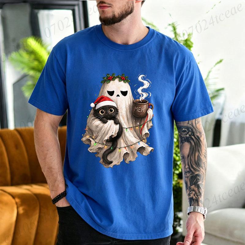 Cotton T-Shirt Spooky Christmas Tshirt Goth Black Cat Christmas Graphic Tee T‑shirt Funny Coffee Cup Tshirts Vintage Gothic Holiday Tops Gifts