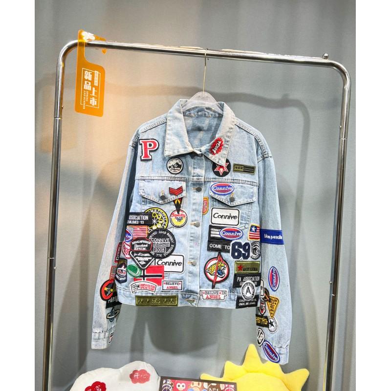 Womens Oversized Denim Jacket With Patch Letters Hip Hop Style Loose Fit Outerwear
