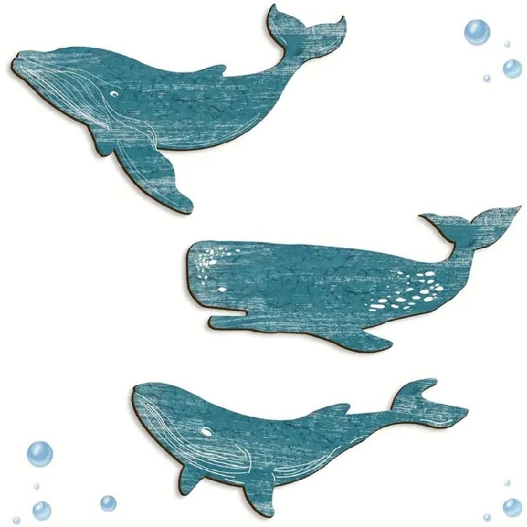 Marine Theme Humpback Whale Set of 3 Wall Art Wood Hanging Sculptures Ornaments For Beach Themed Room Decors