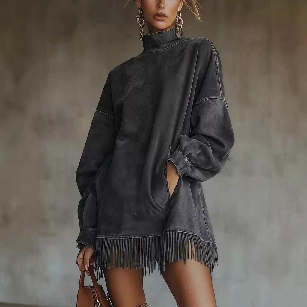 2025 Suede Tassel Dress: High Neck, Loose Fit, with Pockets for Autumn/Winter