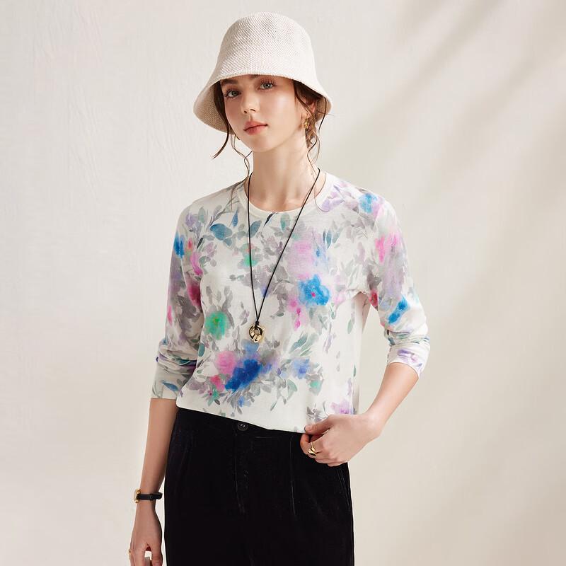 Women's Mulberry Silk Art Print Long Sleeve Knit Top