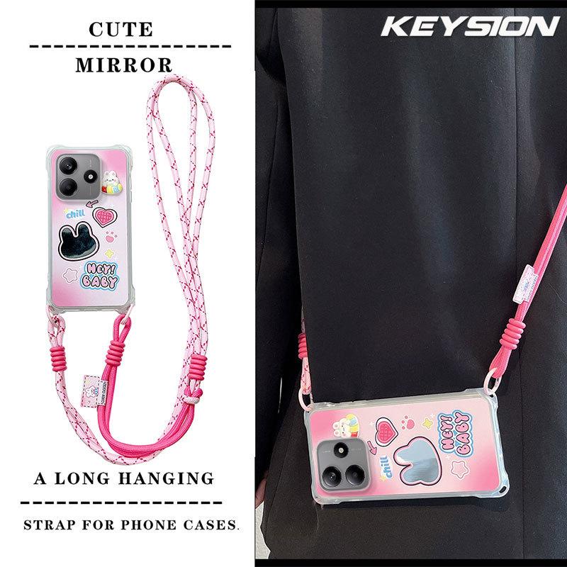 KEYSION Umhänge-Handyhülle für Redmi Note 14 4G 5G Niedliche Cartoon-Hülle mit langem Lanyard und Spiegel, stoßfeste Hülle für Redmi Note 14 5G