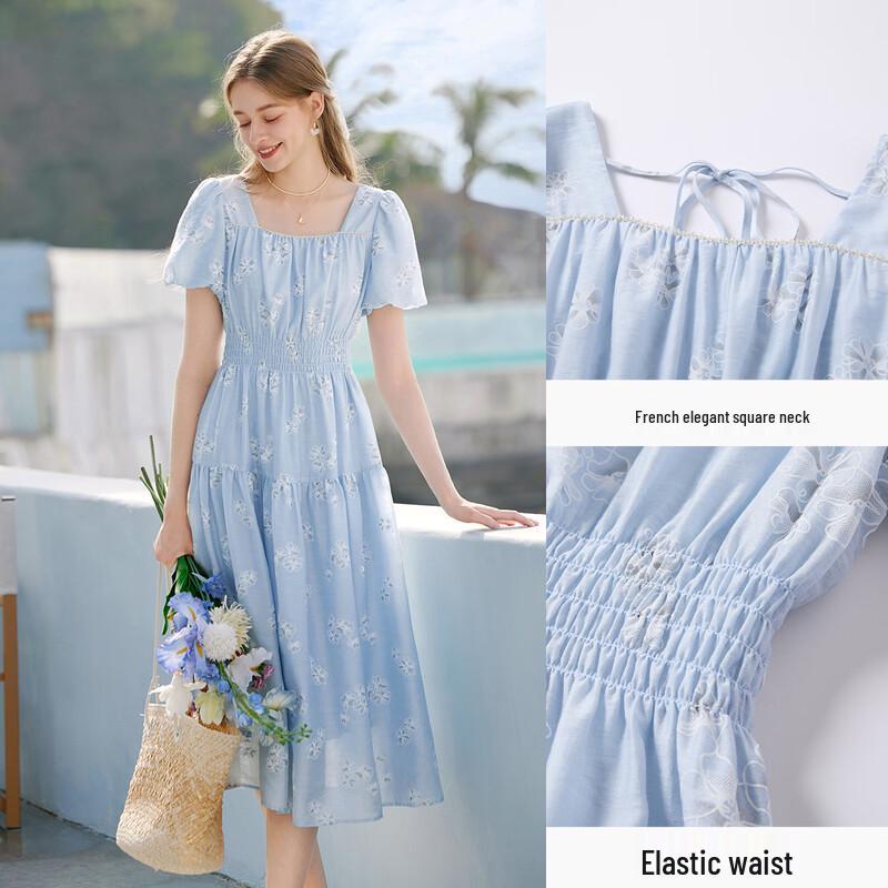 Xiangying Women's Floral Print Square Neck Midi Dress