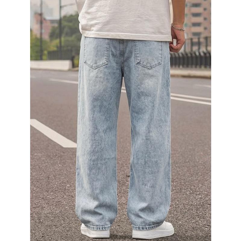 American high street light blue washed big hole men's loose straight wide-leg denim trousers