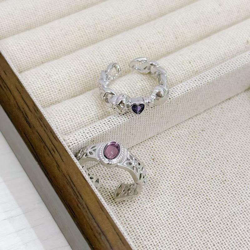 Light Luxury Retro High-Grade Inlaid Purple Diamond Egg Surface Love Open Ring, Personalized Design, Niche Exquisite Stacked Ring