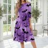 Women's Halloween Print Three-Quarter Sleeve Round Neck Midi Dress for Casual and Stylish Fall Outfits