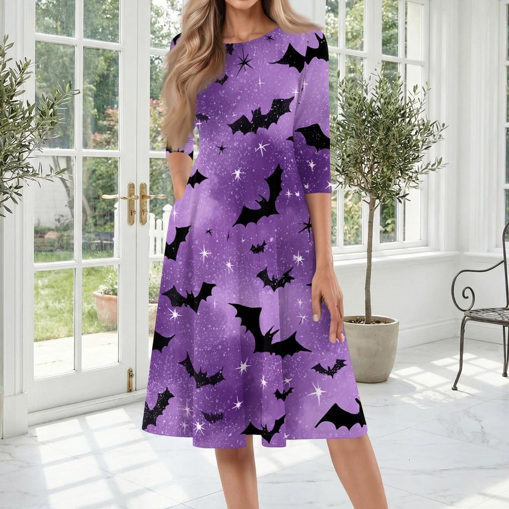 Women's Halloween Print Three-Quarter Sleeve Round Neck Midi Dress for Casual and Stylish Fall Outfits
