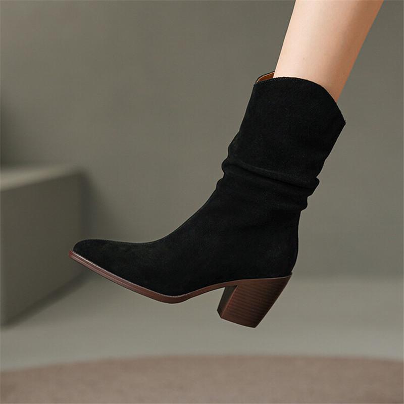 Fashion 2025 Autumn Cow Suede Women Boots Pointed Toe Chunky Heels Boots for Women Winter Boots Mid-calf Boots High Heels Zapatos Mujer