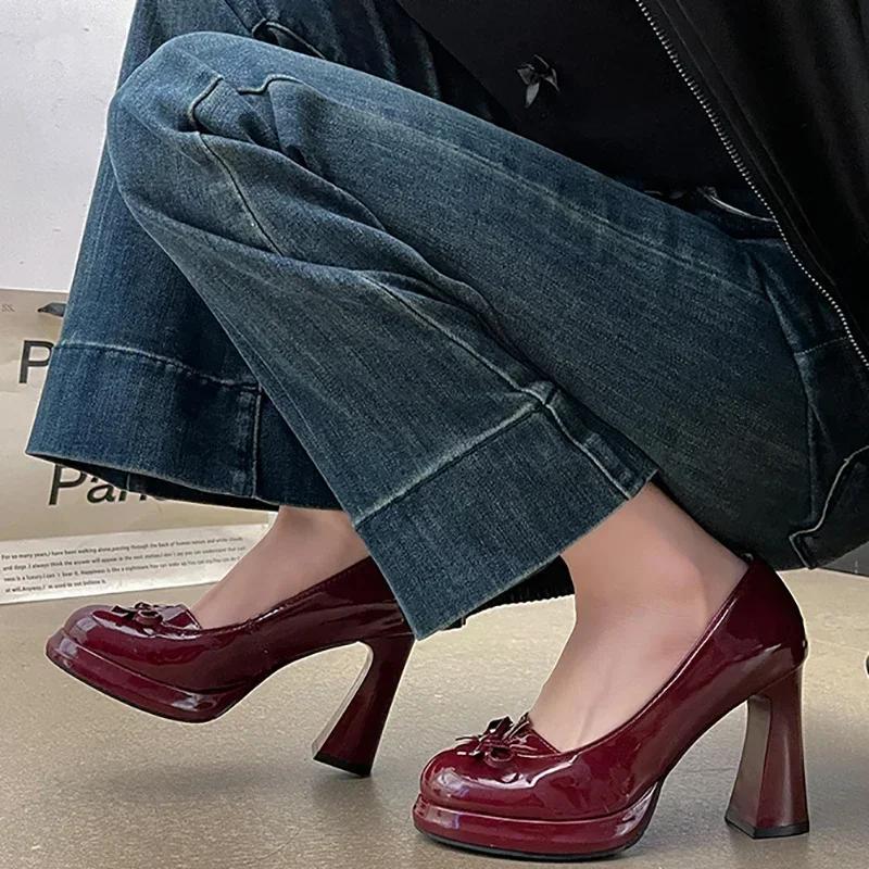 Fashion Designer Vintage Butterfly-knot Women Pumps Shoes Fashion Slip On Party Dress Female Thick Heel Shoes