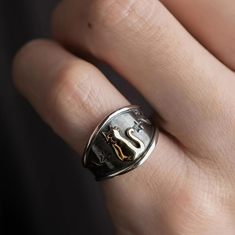 Retro Thai Silver Cat Star Open Ring for Men and Women