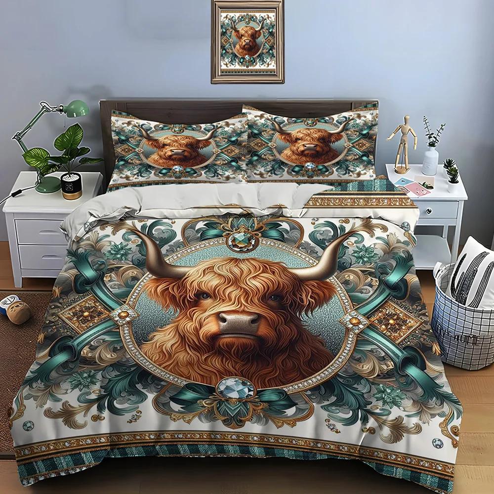 Highland Cattle Print Bedding Set Cute North American Duvet Cover 1 Duvet Cover 2 Pillowcases Adult and Kids Bedding Set Luxury