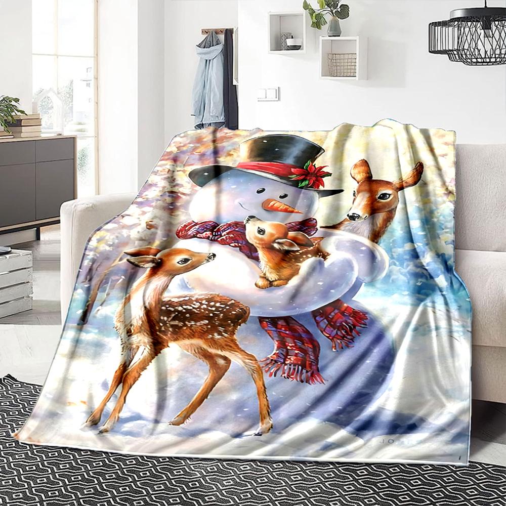 Snowman Deer Winter Scene Blanket Soft Throw Blanket For Home Bedroom Bed Sofa Travel Office Solid Christmas Blanket