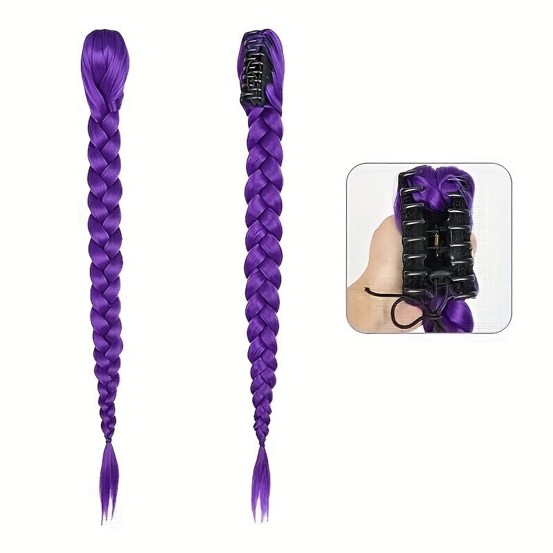 Purple Hair Extensions Ponytail Hair Extension, 66cm Hand-Braided Hair Wig with Claw Clip, Synthetic Hair Tinsel for Cosplay, Parties and Daily Use