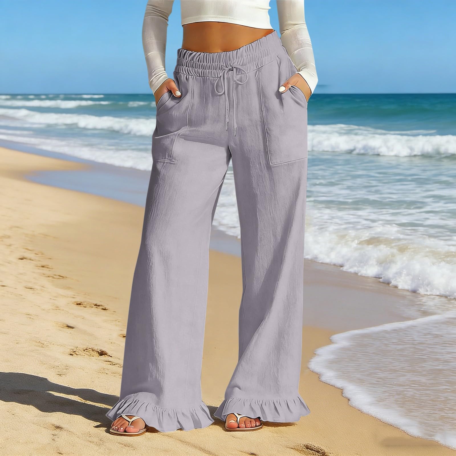 

Women Loose Fit Ruffle Hem Flare Pants with Elastic Waist Drawstring and Pockets Casual Wide Leg Trousers for Everyday Wear M