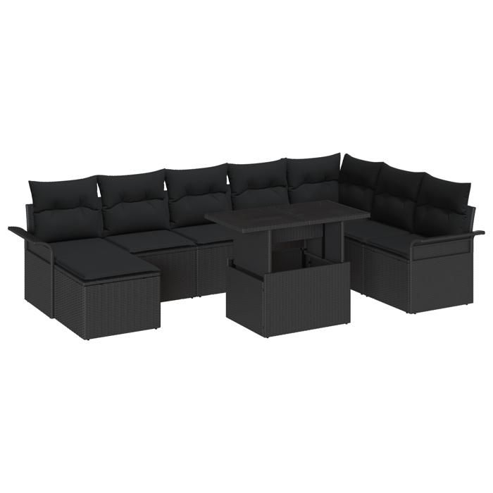 VidaXL Ensemble de canapé jardin 9 pièces avec coussins en rattan noir poly 3348339