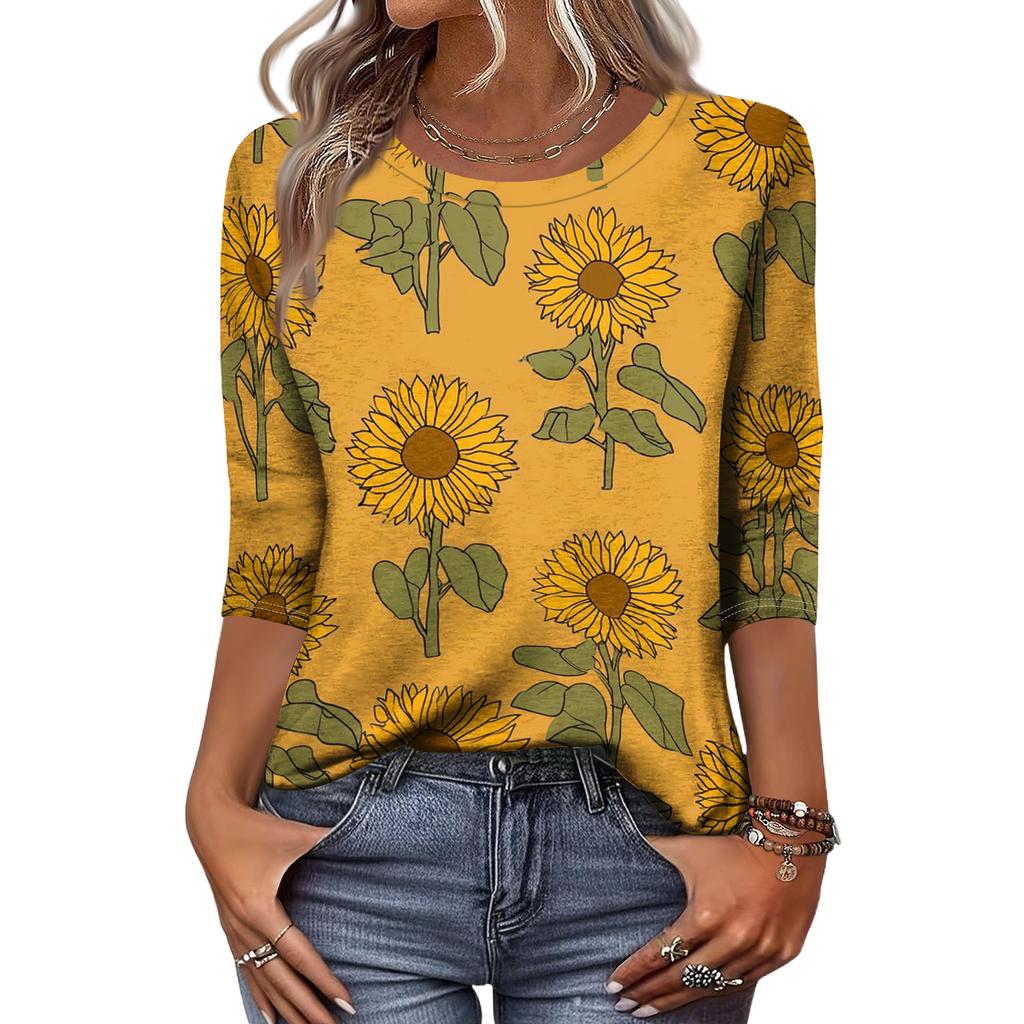 Moda damska Casual Okrągły dekolt Rękaw 3/4 Luźny T-Shirt z nadrukiem Damski top