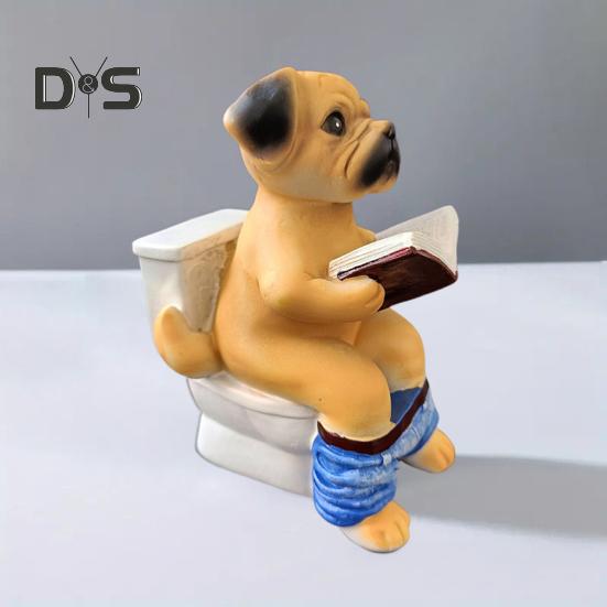 Pug Sitting On Toilet Figurine Reading Book Dog Resin Statue Puppy Animal Sculpture Home Office Desktop Decoration Ornament
