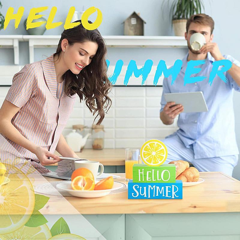Hello Sign Lemon Sign Rustic Colorful Tiered Tray Board Freestanding Holiday Ornament For Home Tabletop Centerpiece Mantel Desk
