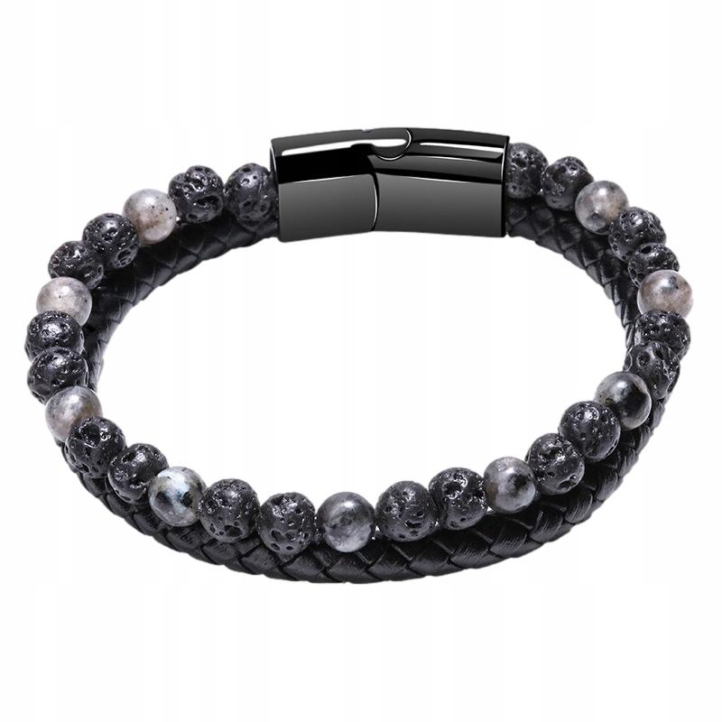 Men's Black Braided Leather Bracelet with Natural Stone and Volcanic Lava