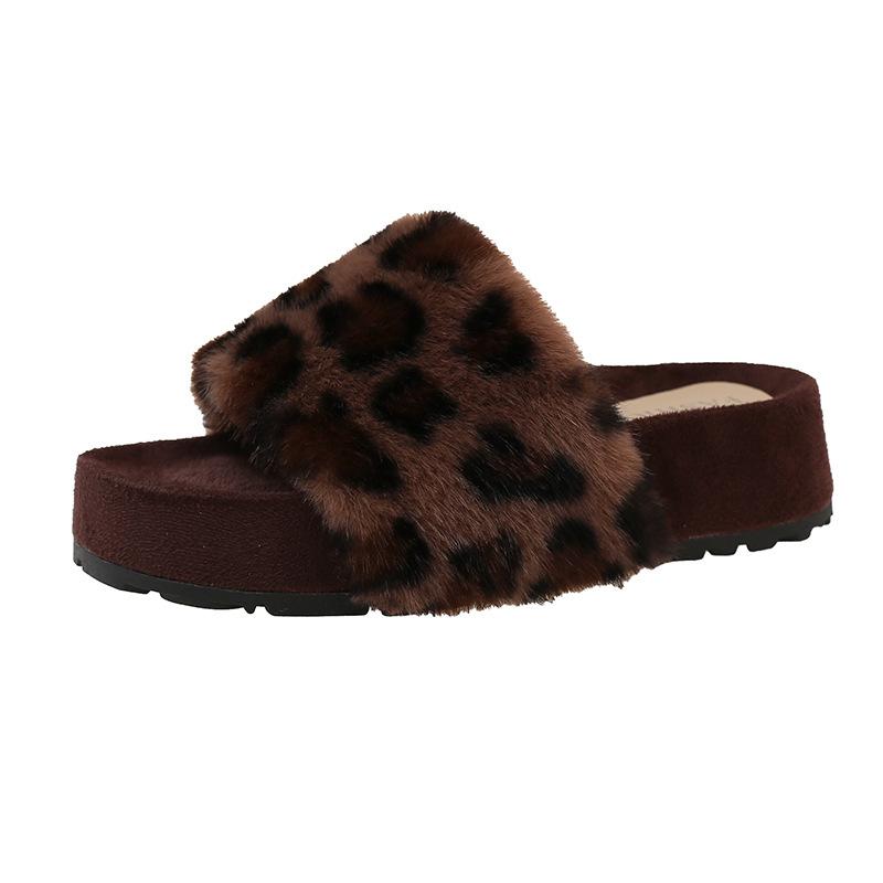 Thick-bottomed Fluffy Slippers for Women To Wear Outside Autumn and Winter Square Head Retro Leopard Print Comfortable Versatile Slope Heel One-word C
