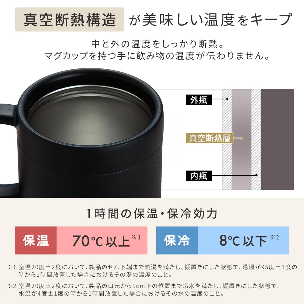 Iris Ohyama Vacuum Insulated CupMug, Easy-to-Drink Design, Keeps Coffee Hot or Cold, Perfect Temperature, Black, 380ml, Cafe Days CD-2WT380