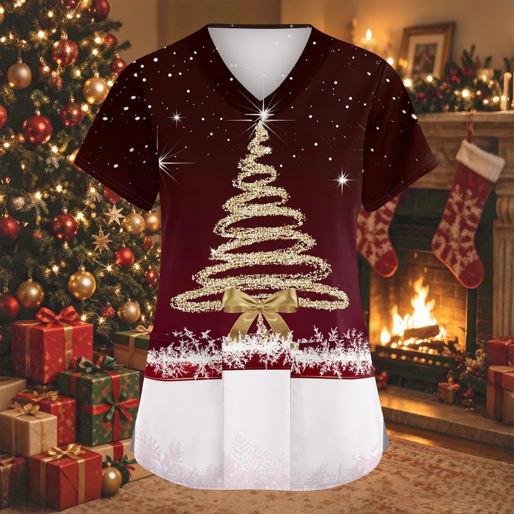 Women's V-Neck Short Sleeve Christmas Print Work Tunic Top with Pockets and Side Slits