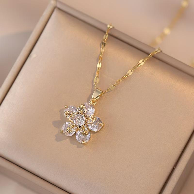 Light Luxury Spin Zircon Flower Pendant Necklace for Women Gold Color Quality High Sense Chain Necklaces Party Jewelry Gifts