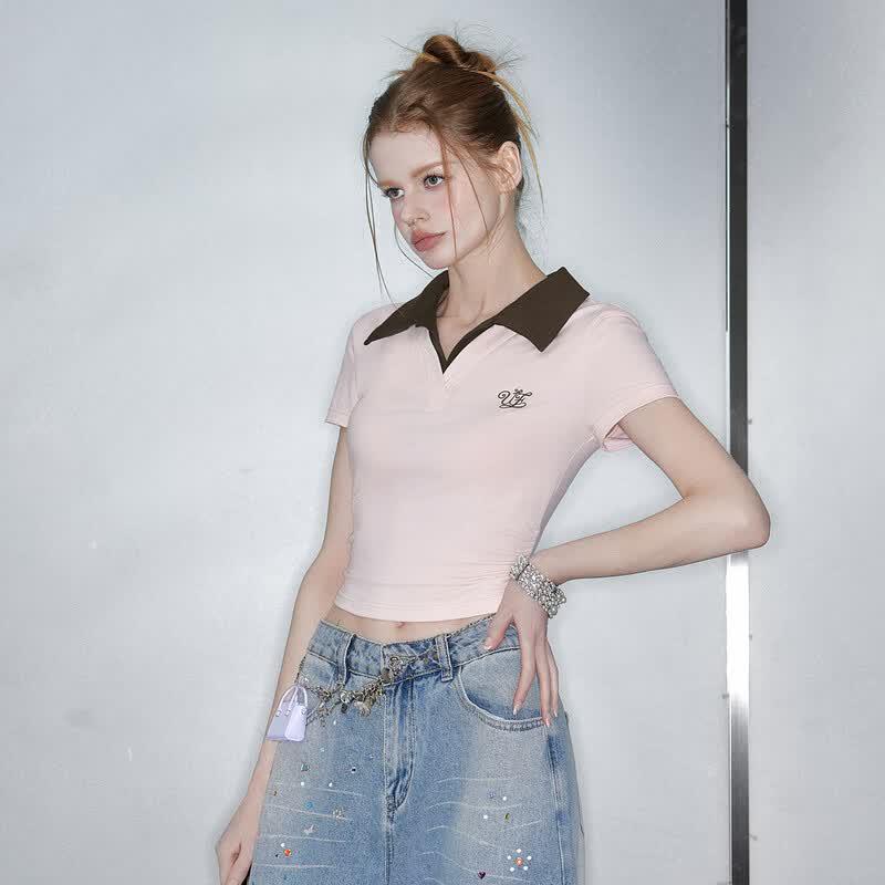 UNIFREE Women's Chic Slim Fit Color Block Lapel T-Shirt