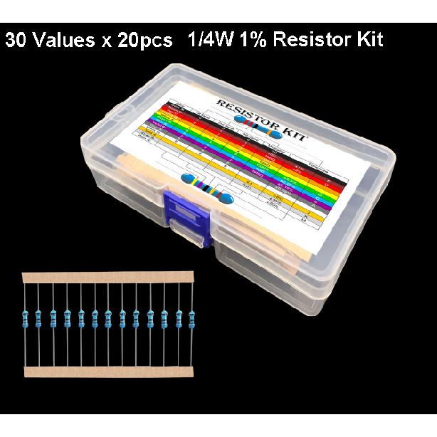 600Pcs (30 Values X 20pcs) 1/4W 1% Metal Film Resistors Set 1 Ohm - 4.7Mohm 1/4 Watt High Precision MF Resistance Kit Assortment
