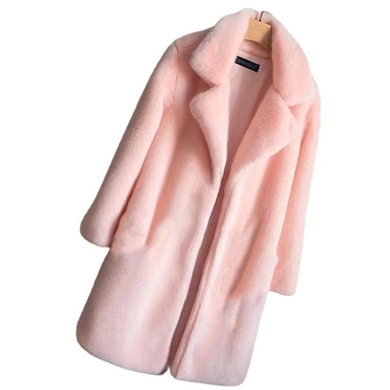 

Куртка из искусственного меха под норку средней длины новая осенне-зимняя имитация бархата имитация цельной норки воротник костюма выглядит стройнящим S розовый