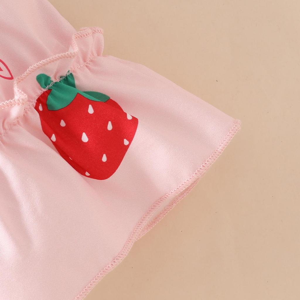 2025 Summer Newborn Ruffle Dress with Lantern Sleeves, Strawberry Butterfly Pattern, and Snap Closure.