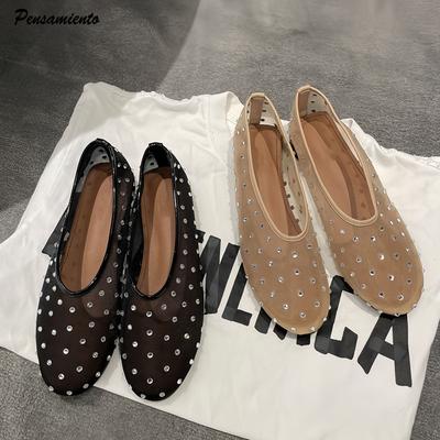 Fashion Crystal Women Ballet Flats Mesh Dance Flat Shoes Casual Driving Walking Loafers Espadrilles Ladies Slip-on Lazy Shoes