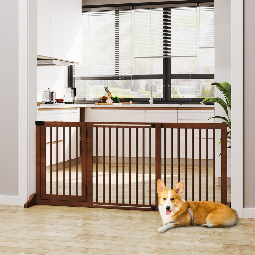 Dog Gate Freestanding Adjustable Safety Gate with Feet 113-166 x 71 cm Wood for Stairs, Doors, Kitchen, Hallway, 3 Panels, Brown