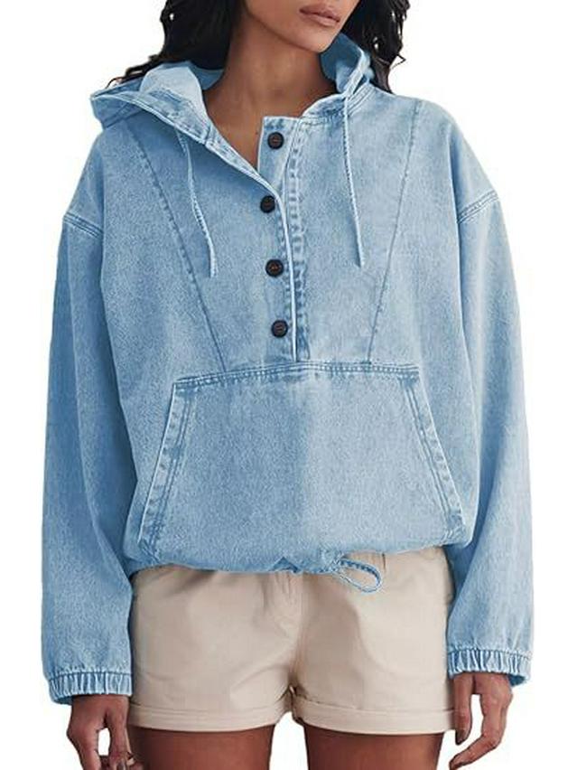 2025 Women s Fashion Denim Hoodie Button-Up Pullover Jacket XX-Large
