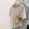 Korean Style Women's Niche Cartoon Embroidery Striped Half-Sleeve T-shirt